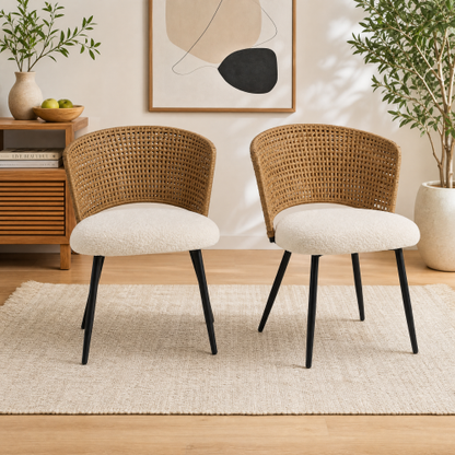 PE Rattan Dining Chairs with Teddy Cushions and Metal Legs, Set of 2, Beige/Brown