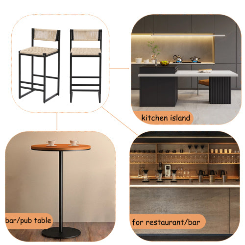 Set of 2 Woven Bar Stools with Backrest Paper Rope Weave Dining Chairs for Kitchen Island (Style B Black & Creamy White)