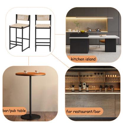 Set of 2 Woven Bar Stools with Backrest Paper Rope Weave Dining Chairs for Kitchen Island (Style B Black & Creamy White)