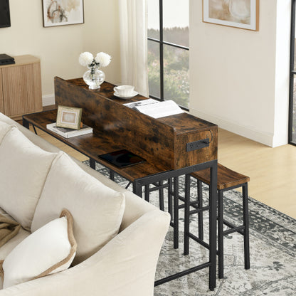 4-Piece 59inch  Bar Table Set with LED Light & Outlet, MDF Table & 3 Saddle Stools for Living Room