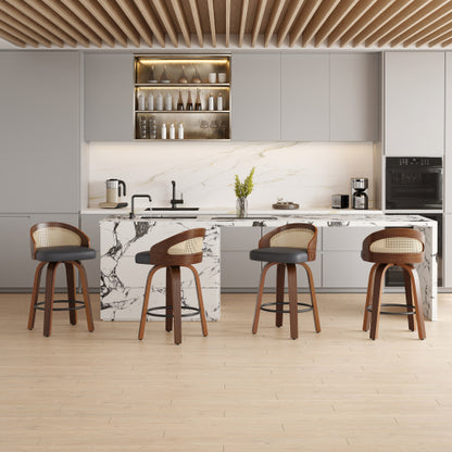 Swivel Bar Stools Set of 2, Modern Wood Frame with Rattan Back, PU Leather Stool for Kitchen Counter, Mid Century Upholstered Barstools with Footrest,Industrial Counter Height Stools