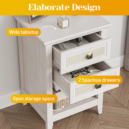 Set of 2 Rattan Nightstands with Drawer, 27-Inch Tall Boho Bedside Table with Storage Shelf