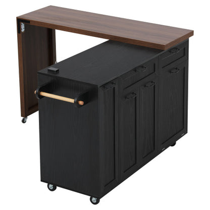 102 Inch Kitchen Island with Extendable Dining Table & Trash Storage Black