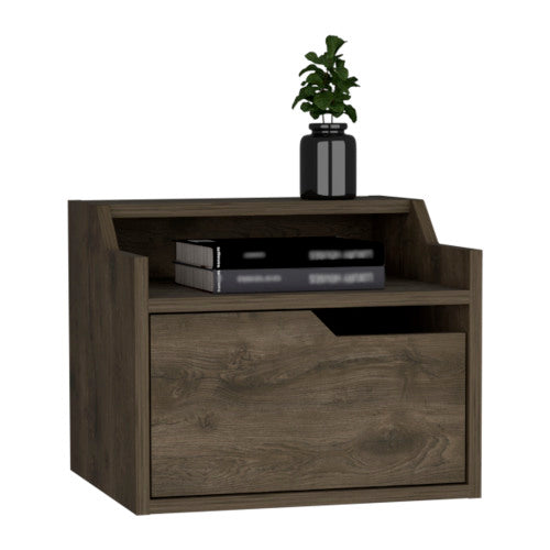 Dark Brown Dual-Tier Floating Nightstand with Drawer