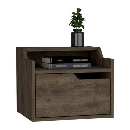 Dark Brown Dual-Tier Floating Nightstand with Drawer
