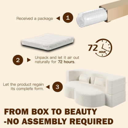 Beige White FullSize PlushCorduroy Convertible Floor SofaBed,2 Pillows