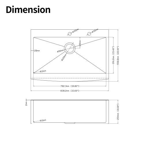 33x22x10"Farmhouse Apron Single Bowl Stainless Steel Kitchen Sink