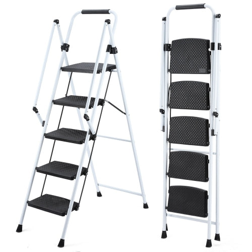 ladder, folding ladder stool, with anti slip wide pedals, steel ladder, with safety anti slip handle, lightweight 330 pound portable steel ladder stool in White 5 steps