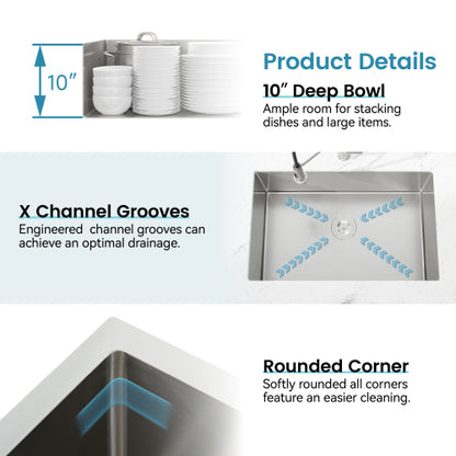 Stainless Steel Kitchen Sink, 30″x19″ Drop In Single Bowl, Undermount Handmade Sink in Brushed Nickel, with US Standard Drain and Hook, LS-SSBR05