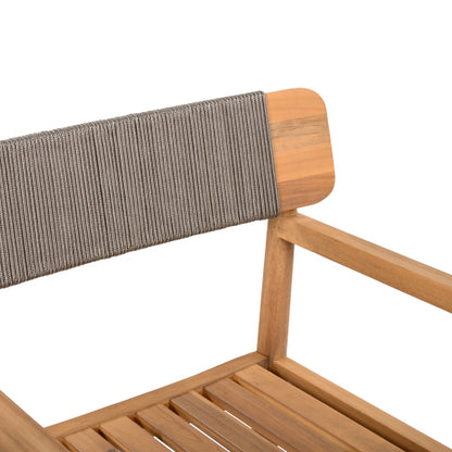 CREATIVE BRAIDED ACACIA WOOD OUTDOOR DINING CHAIRS WITH ARMRESTS, SUITABLE FOR OUTDOOR DINING AND LEISURE PLACES, TEAK LOOK & GREY ROPE,SET OF 2