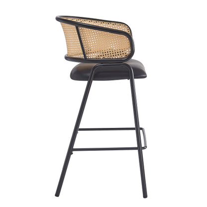 Indoor Metal Upholstered Barstool, Faux Leather Seat With Wowen Rattan Decorated Backrest, Set of 2