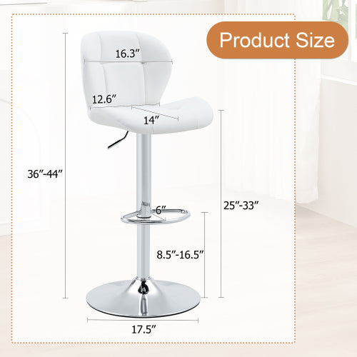Set of 2 Height Adjustable Bar Stools, PU Upholstered Tufted Backrest Chairs with Chrome-Plated Metal Base & Footrest for Kitchen Island, Pub, Bar (White)