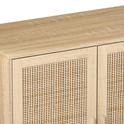 62.2 Inch Natural Rattan Four-Door Storage Cabinet Particle Board Solid Wood Leg Adjustable Shelf Household Sideboard Cabinet