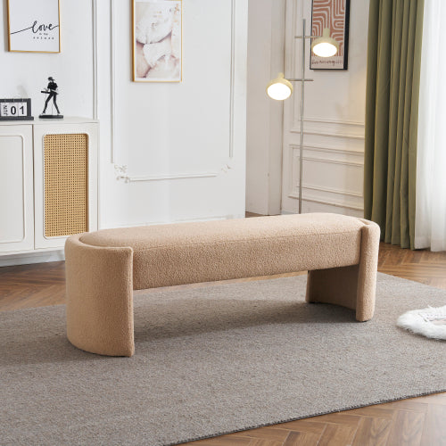 Light Camel Long Upholstered Ottoman Bench, Minimalist Fabric Footrest, 300 LBS Weight Capacity for Bedroom & Living Room