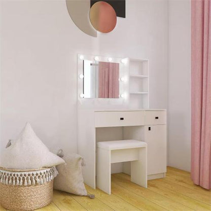 White Vanity Desk with Lights & Mirror, Large Drawers & Three Level Storage, 3 Lights Brightness Adjustable