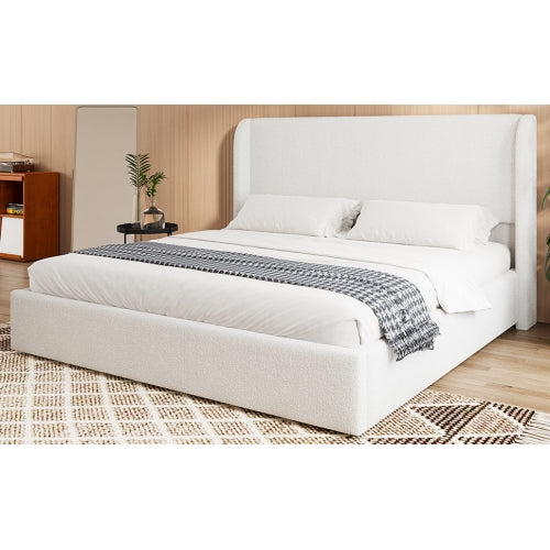 Queen Size Boucle Bed Frame, Upholstered Cloud Bed Frame with Headboard, Solid Wood Legs and Slats, No Box Spring Needed, White