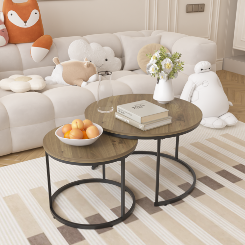 27.6inch  Nesting Coffee Table Set of 2 MDF Marble Top Metal Frame Side Tables