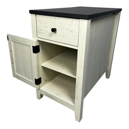 Farmhouse End Table Bedside Table with Charging Station,Night Stand with Barn Door and Drawer, Storage for Bedroom Living Room ,Bedside Table,  White+Black color