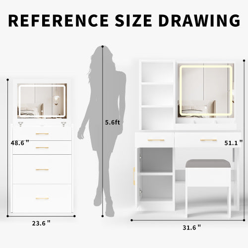 White Vanity Desk with Mirror & Lights, Power Outlet, 3 Lighting Modes, Cabinet Drawers, Shelves & Storage Stool