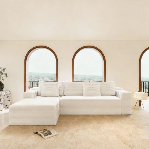 104.3*68.9 inch  White 2-PC Modular Compressed Corduroy Sectional Sofa, No Assembly