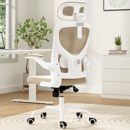 Ergonomic Office Chair, Home Office Desk Chair with Headrest, High Back Computer Chair with Armrests and Adjustable Lumbar Support for Home Office Study Room, White & Khaki