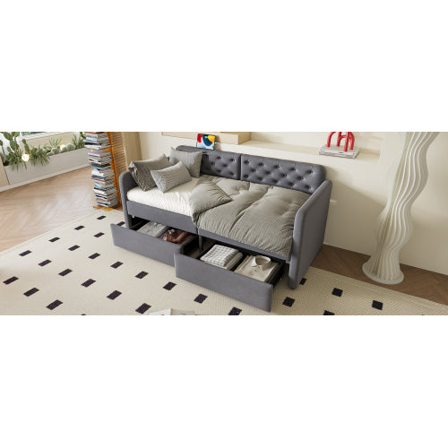 Twin Size Upholstered Daybed with 2 Storage Drawers and USB Charging Design, Velvet Upholstered Daybed Frame, Twin Sofa Bed for Living Room Bedroom, No Box Spring Needed,Plush Velvet Fabric