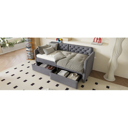Twin Size Upholstered Daybed with 2 Storage Drawers and USB Charging Design, Velvet Upholstered Daybed Frame, Twin Sofa Bed for Living Room Bedroom, No Box Spring Needed,Plush Velvet Fabric