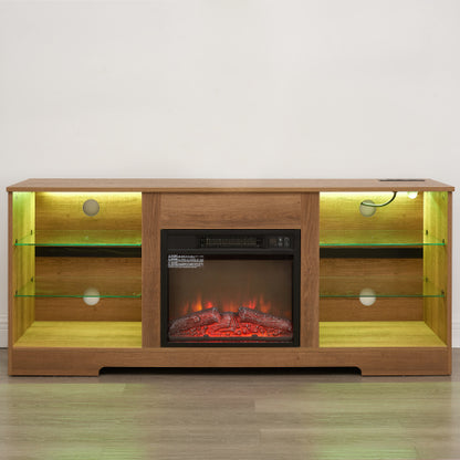 58 Inch Oak Electric Fireplace TV Stand Bluetooth RGB LED Light Media Console with Built-In Power Outlet for 65 Inch TV