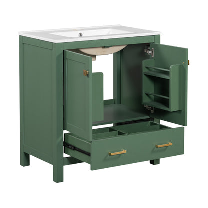 30 Inch Green Bathroom Vanity with Single Sink, Combination Under Counter Sink, Bathroom Storage Cabinet with 2 Doors and a Drawer, Soft Closure, Multifunctional Storage(WF324043)
