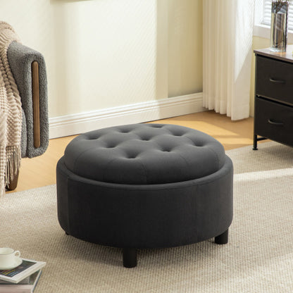 29.33 inch Grey Fleece Round Storage Ottoman, Hand Buckle Decor Reversible Lid Footstool, 300 LBS