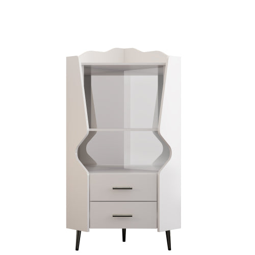 Wooden Corner bar cabinet with 2 open storage shelves and 2 drawers, mirrored back sideboard cabinet, high feet/legs for easy cleaning, buffet cabinet WHITE