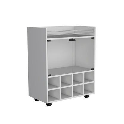 Bar Cart with Built-In 8-Bottle Rack, Double Glass Door Cabinet, and Aluminum-Edged Top Surface