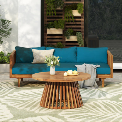 Acacia Wood Patio Furniture Set,Outdoor 3 Seater Daybed(with Water Resistant Thick Cushions)and Round Coffee Table, Dark Teal Cushion