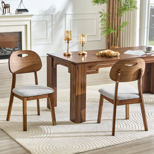 Set of 2 Walnut Solid Wood Dining Chairs, Hollow Back Chairs with Gray Fabric Cushion