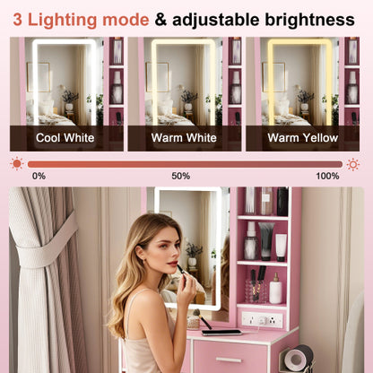Pink Small LED Vanity Desk, Built in USB?AC Outlet, Hair Dryer Stand, Hidden Storage & Padded Stool