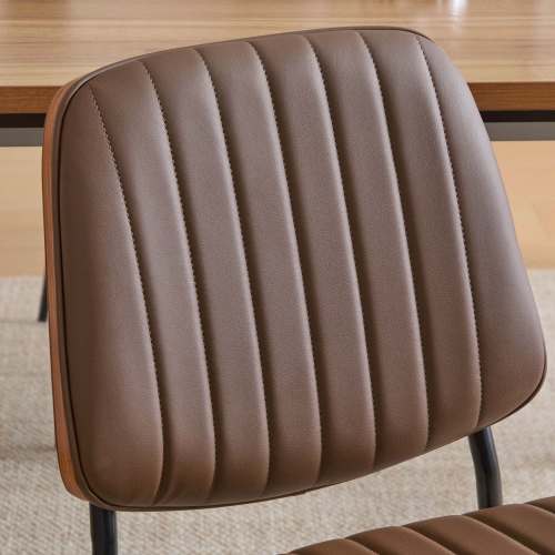 Set of 2 Mid Century Modern Faux Leather Dining Chairs with Walnut Bentwood Back and Metal Legs, Brown PU