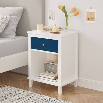 26.77''H Wooden Nightstand with One Drawer One Shelf for Kids, Adults, Navy+Golden handle