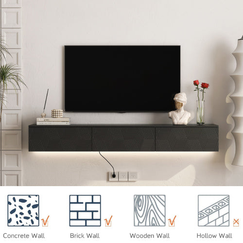 67 Inch Black Wall Floating LED TV Console 16 Color Ambient Light Wall Mount Media Cabinet for 65 Inch TV