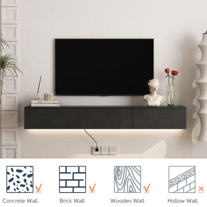 67 Inch Black Wall Floating LED TV Console 16 Color Ambient Light Wall Mount Media Cabinet for 65 Inch TV