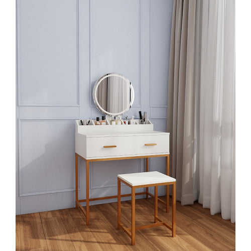 Vanity Set with Mirror and Stool - Makeup Vanity Table with Storage Drawers and Organizer, White and Gold, Space-Saving Design for Small Bedrooms