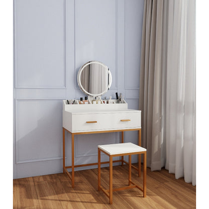 Vanity Set with Mirror and Stool - Makeup Vanity Table with Storage Drawers and Organizer, White and Gold, Space-Saving Design for Small Bedrooms