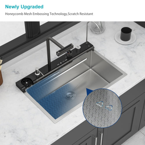 30" Kitchen Sink Waterfall Sink - 30 x 19 x 9 inch Multifunction Single Bowl 16 Gauge Stainless Steel Ledge Workstation Smart Digital Features Top Mount Kitchen Sinks