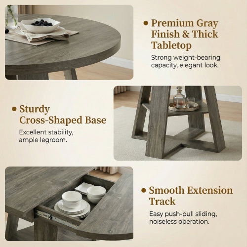 Extendable Round Dining Table for 4-8, Modern Oval Kitchen Table with Storage Shelf, Gray