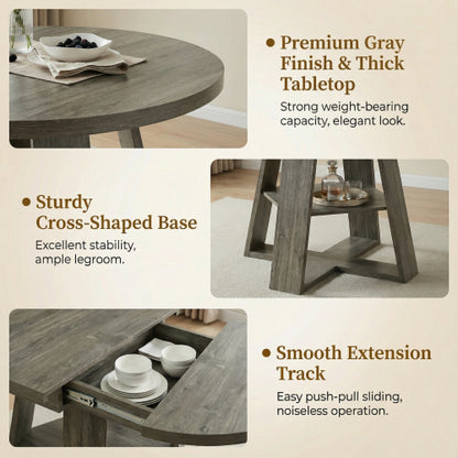 Extendable Round Dining Table for 4-8, Modern Oval Kitchen Table with Storage Shelf, Gray