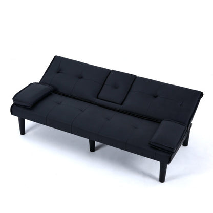 67-Inch Black PVC Multi-Functional Foldable Sofa Bed with Built-In Cup Holder