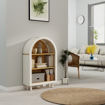 Arched Small Bookcase,Arched Storage Cabinet,Wooden Modern Arched Top Bookshelf with 3 Shelves,White with Woodgrain Shelves, 3-Tier Storage Shelf for Living Room, Bedroom, Entryway