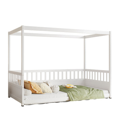 Twin Size Canopy Bed Frame with Guardrails for Kids,Floor Bed Twin with Four Poster Design,Kids Montessori Floor Bed,Wood Canopy Bed Frame for Girls,Boys(Twin,White)