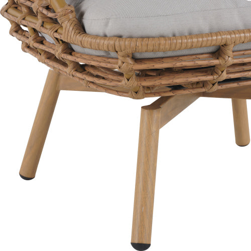 Ellis Outdoor Wicker High-back Swivel Lounge Chair, Teak Finished Leg, Light Brown Faux Rattan and Beige Cushion