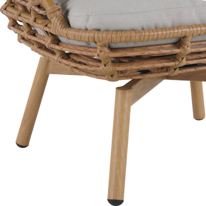 Ellis Outdoor Wicker High-back Swivel Lounge Chair, Teak Finished Leg, Light Brown Faux Rattan and Beige Cushion
