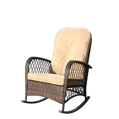Outdoor Wicker Rocking Chair with Wide Seat, Thick, Soft Cushion, Rattan Rocker w/Steel Frame, High Weight Capacity for Patio, Garden, Backyard, Shallow brown Cushion